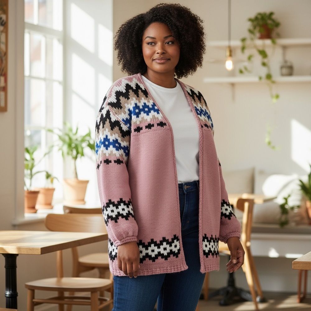 JustFashionNow Pink Patterned Chunky Knit Cardigan Sweater Wool XXL